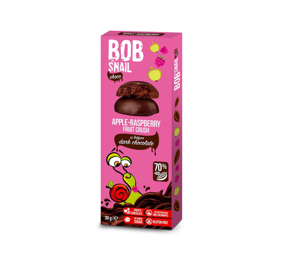 SNACK AU CHOCOLAT, POMME ET FRAMBOISE ENROBÉ DE CHOCOLAT NOIR BELGE, SANS SUCRE AJOUTÉ, SANS GLUTEN, 30 g - BOB SNAIL DDM: 09-2026