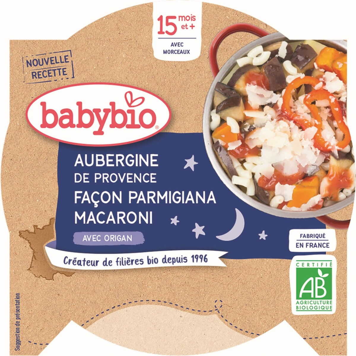 Repas du soir aubergines parmigiana aux nouilles dès 15 mois BIO 260 g BABYBIO
