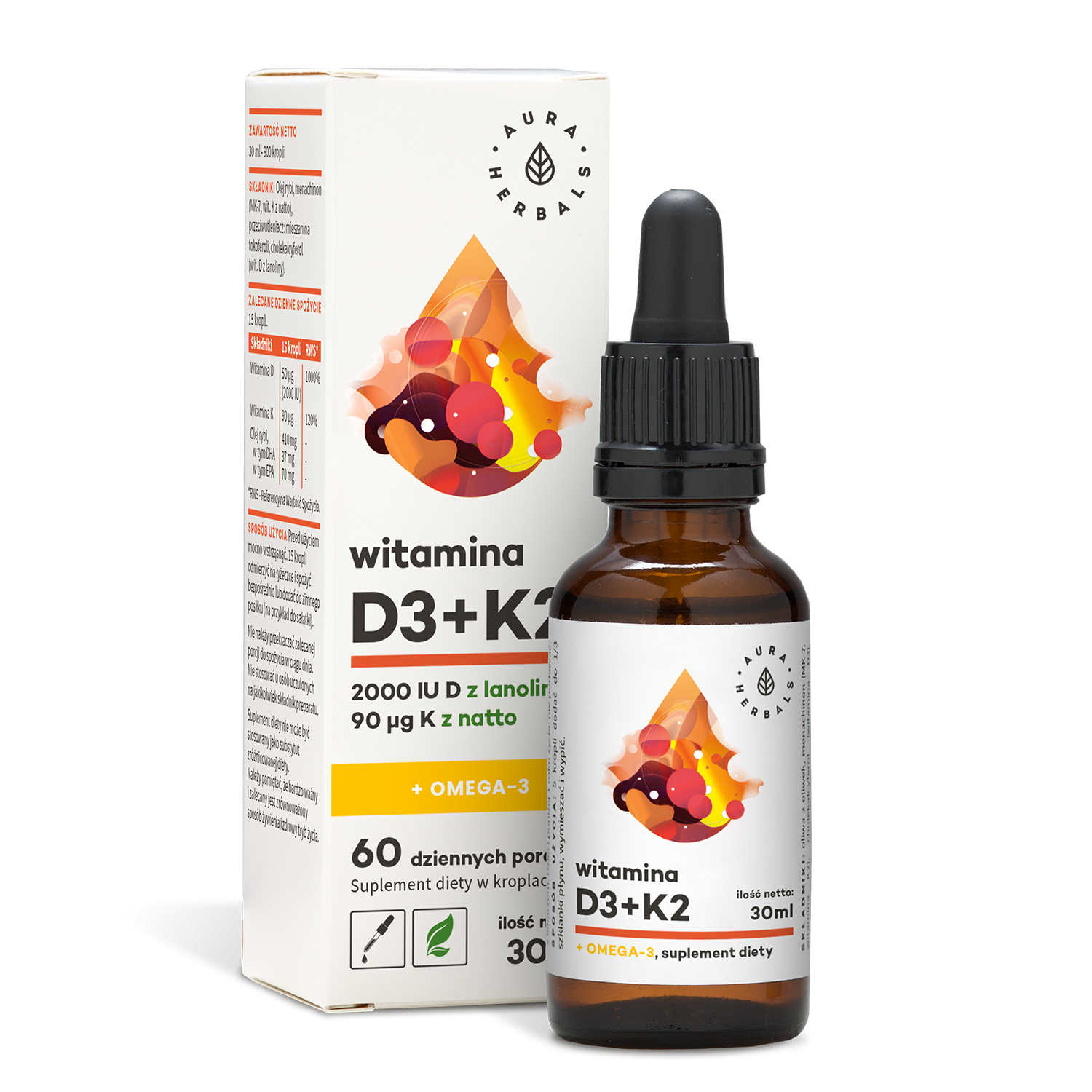Vitamine D3 2000 ui et K2MK7 et OMEGA3 gouttes 30 ml AURA HERBALS
