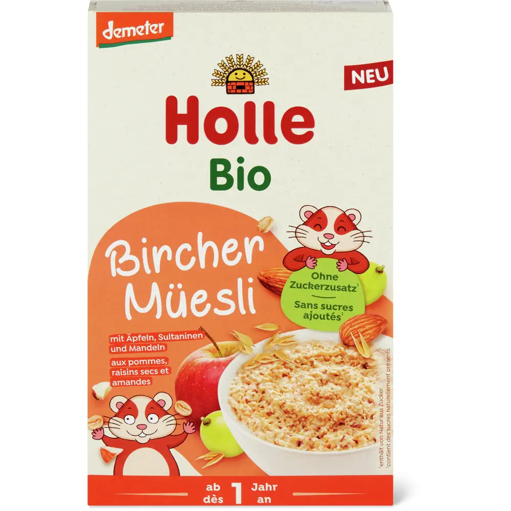 MUSLI BIRCHERA CON MANZANAS, RUIBARBOS Y ALMENDRAS SIN AZÚCAR A PARTIR DE 1 AÑO DEMETER BIO 200 g - HOLLE