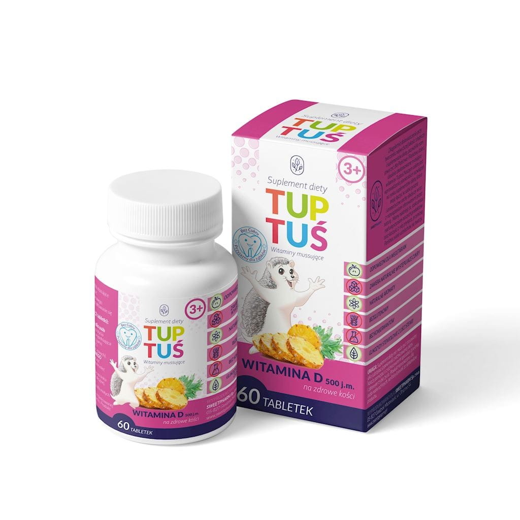 Vitamine D au goût d'ananas sur les os pour les enfants à partir de 3 ans 60 comprimés effervescents - TUPTUŚ
