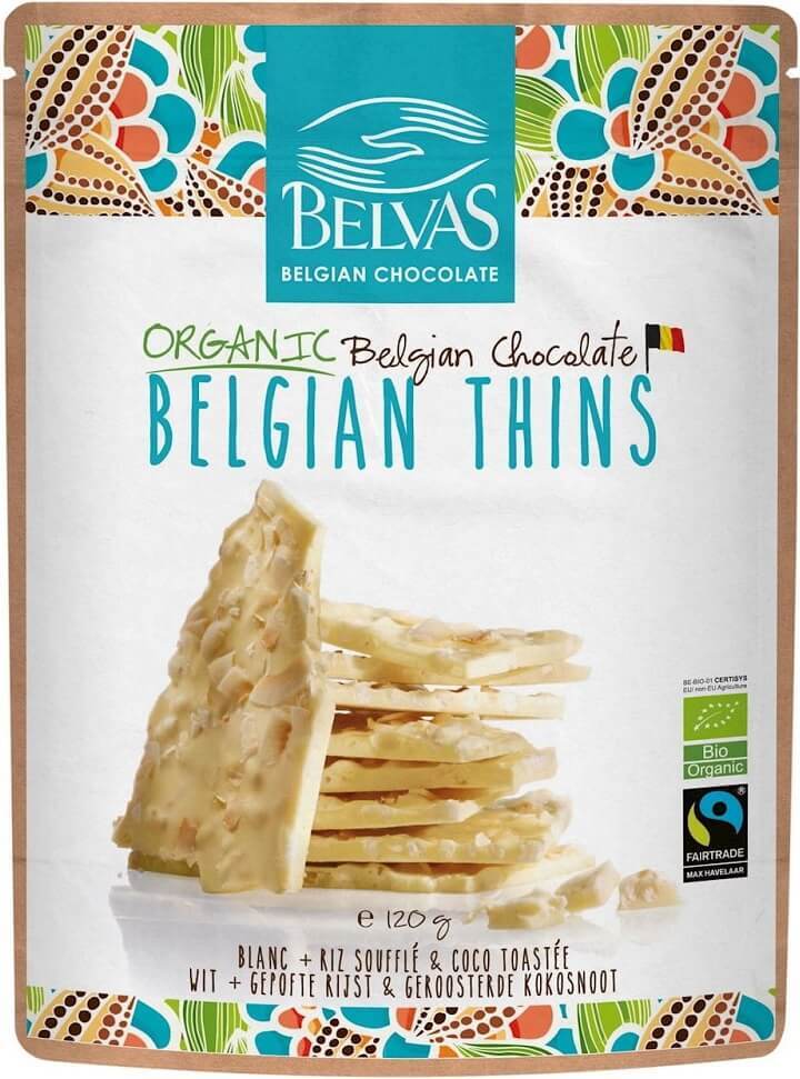 Morceaux de chocolat blanc au riz expansé et noix de coco torréfiée BIO sans gluten 120 g - BELVAS