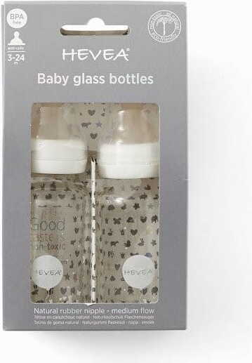 Biberon en verre avec tétine en caoutchouc, blanc, 0 - 3 mois, 120 ml (2 pièces) - HEVEA