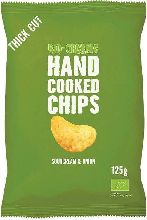 Chips de pommes de terre, en fines tranches, au goût de crème et d'oignon BIO 125 g - TRAFO