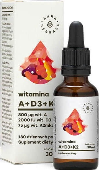 Vitamine A 800µg + D3 2000 ui + K2 75 µg 180 portions 30ml AURA HERBALS