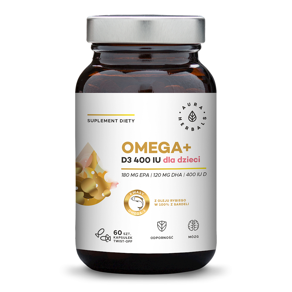 Omega et pour nouveau-nés, nourrissons et enfants gélules dévissables OMEGA 3 180 EPA 120 DHA et vitamine D3 400 i en 60 gélules AURA HERBALS