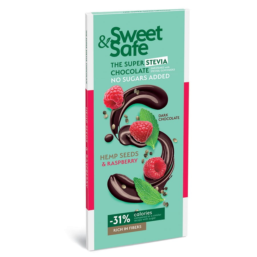 Chocolat dessert - framboises et graines de chanvre sucrées à la stévia 90g SWEET & SAFE